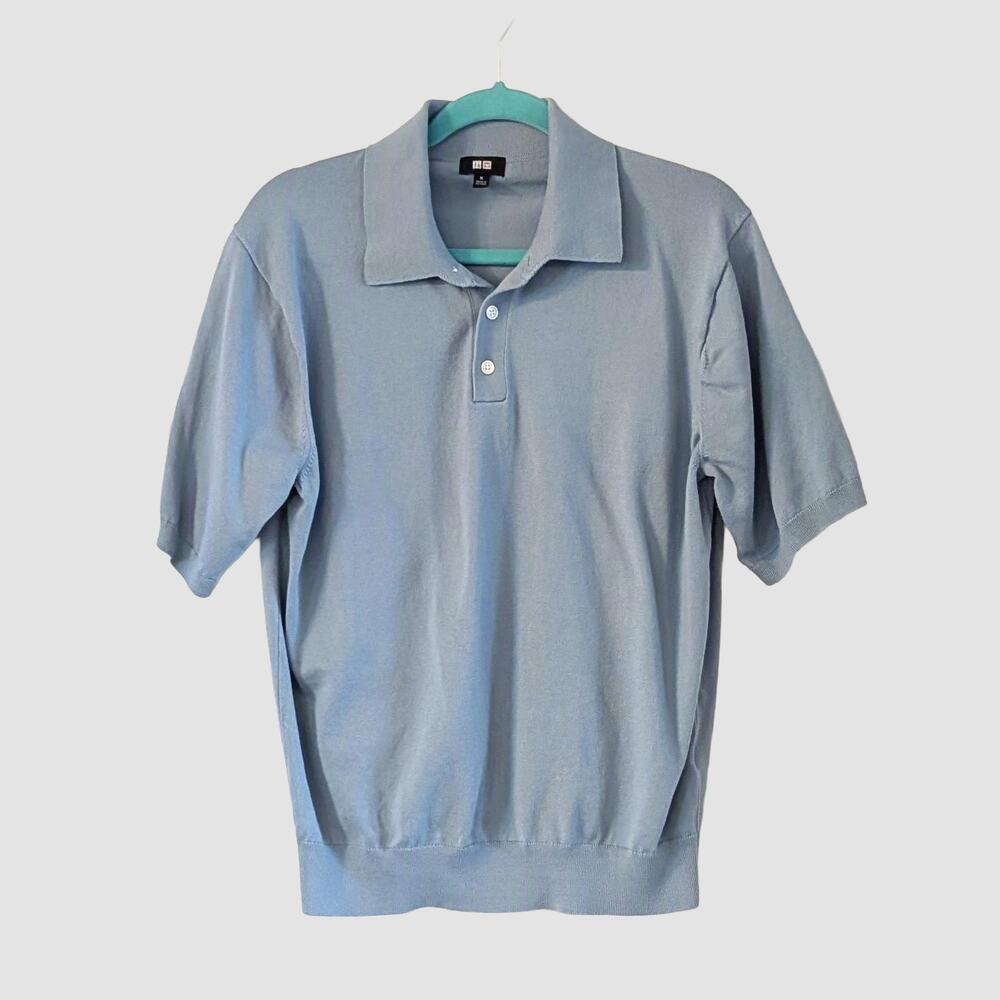 Uniqlo Mens Sweater Knit Polo Shirt Medium Light Blue Minimalist Preppy